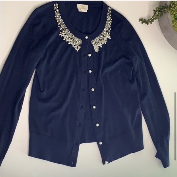 Kate Spade Navy Pearl Embellished Cardigan sweater small women’s top - Picture 1 of 8